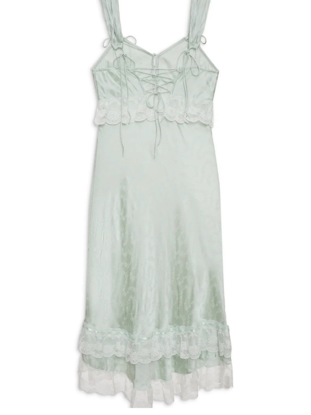 (NWOT) For Love & Lemons Pale Mint Lace-Trim Satin Midi Dress - Picture 2 of 8